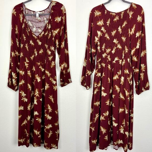 Ava & Viv | Women Maroon Boho Balloon Long Sleeve Smocked Midi Bodice Dress XXL - Picture 3 of 14